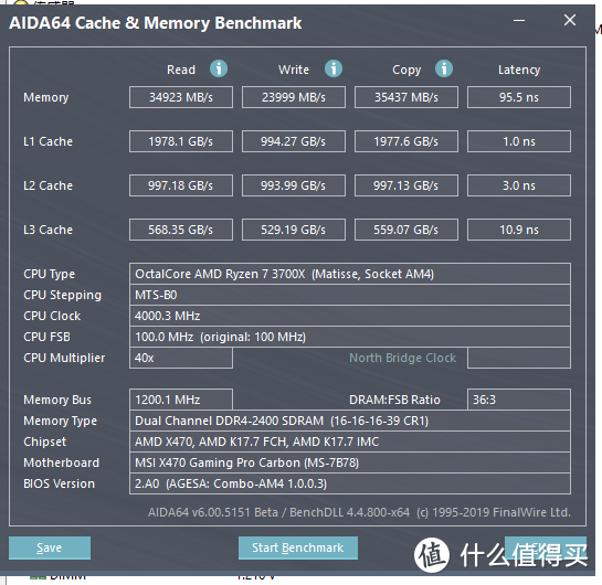 AIDA64内存缓存测试截图（2400MHz）