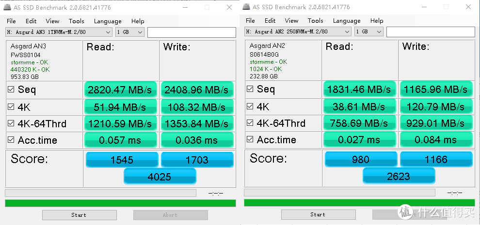 用系统自带的powershell写的SSD测试程序，对阿斯加特AN2、AN3 NVMe SSD进行测试对比