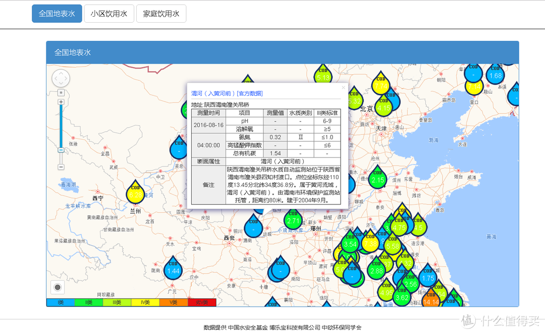 看看这个网站的查询截图，还是相当专业的，渭河当地的水质一目了然