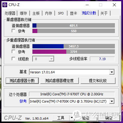CPU-Z测试分数还可以，上图是和i7-8700K的对比，差距在15%以内