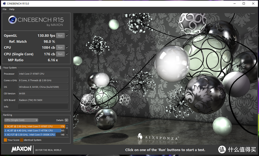 CineBench R15测试分数：单核176；全核1084