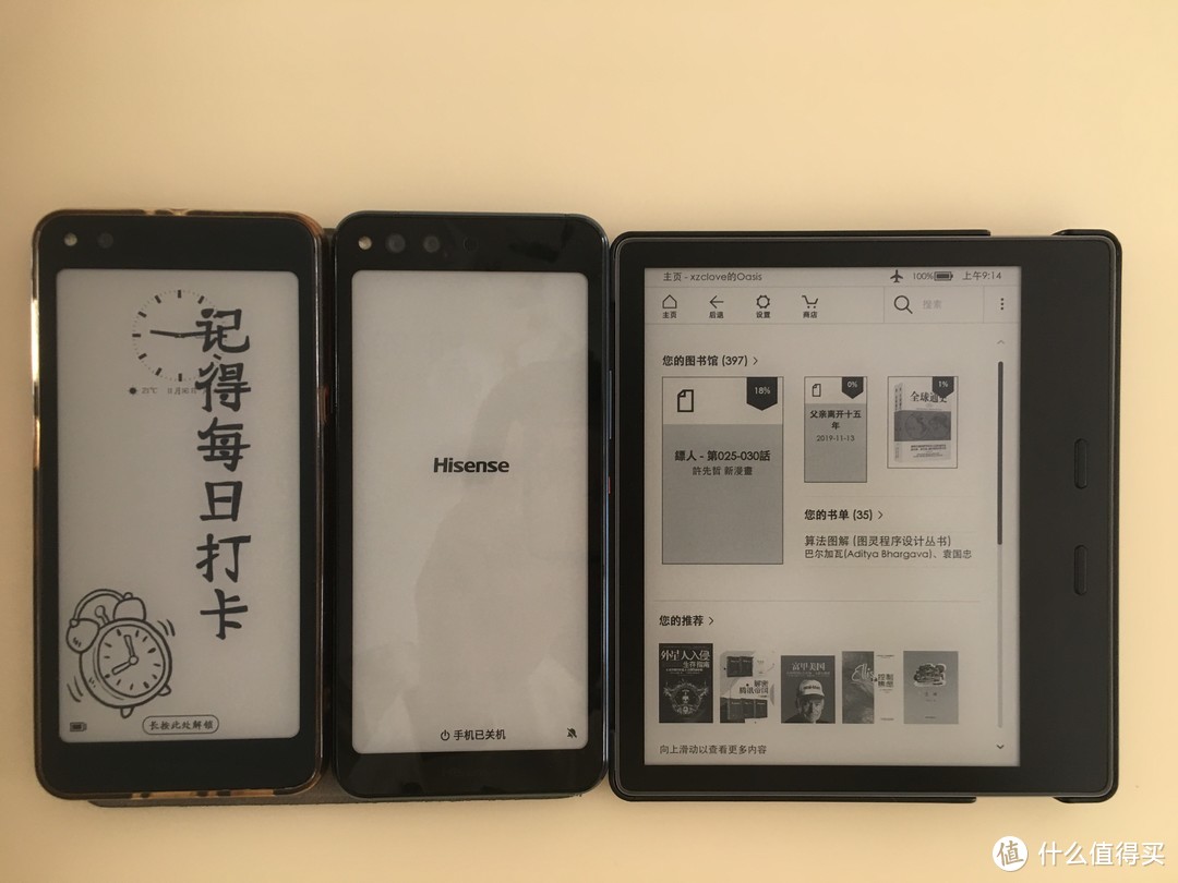 从左到右：海信A6、 海信A6L、Kindle Oasis