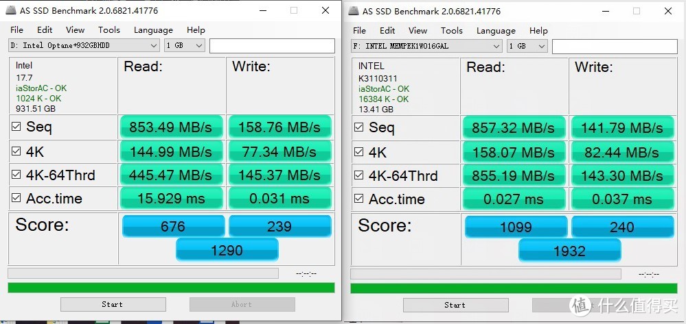 左：傲腾加hdd  右：傲腾条当硬盘的数据