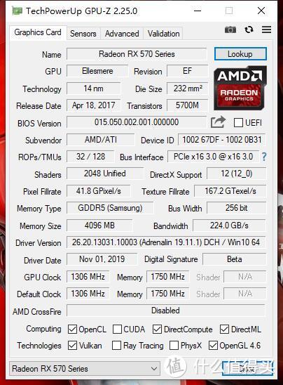 1306MHz的主频，在RX570界也算高的了，驱动版本19.11.1