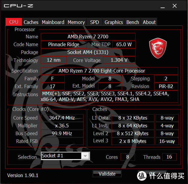 默认频率是3.2Ghz，装了微星的MSI APP MANAGER之后，直接超到3.65Ghz去了。强力安利大家去微星官网下载这个软件，灯光设置、风扇控制以及CPU超频等功能可在软件中直接完成，不用再去BIOS了。尤其是对我这样的新手菜鸟，直观又方便。@3.65Ghz。