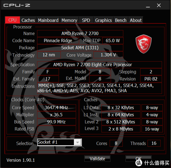 默认频率是3.2Ghz，装了微星的MSI APP MANAGER之后，直接超到3.65Ghz去了。强力安利大家去微星官网下载这个软件，灯光设置、风扇控制以及CPU超频等功能可在软件中直接完成，不用再去BIOS了。尤其是对我这样的新手菜鸟，直观又方便。@3.65Ghz。