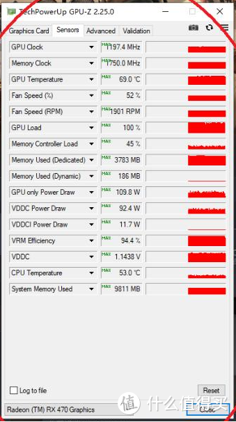 本轮测试结束后显卡电气监控项目（取全部max峰值）GPU撞墙了，少了30MHz，不过功耗最高才不到110W