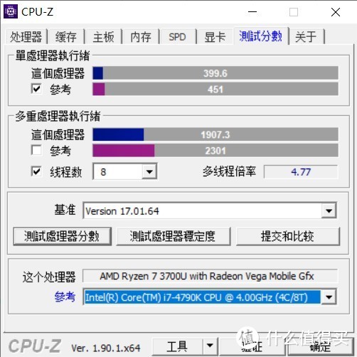 ▲ CPU-Z 测试结果，处理器的性能已经能够接近当年的台式机i7-4790K了。