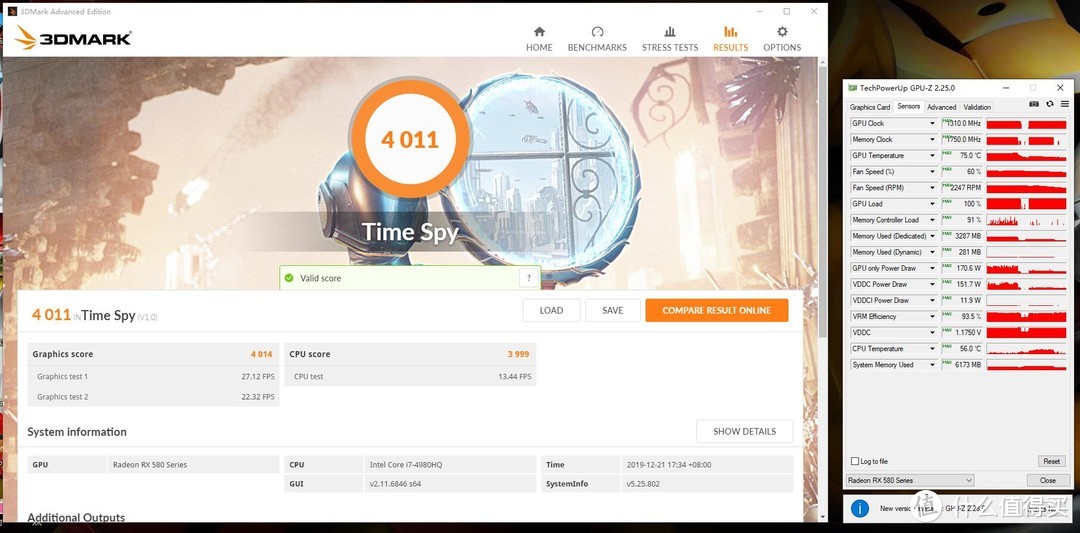 TimeSpy总分4011，显卡得分4014，峰值温度75°C
