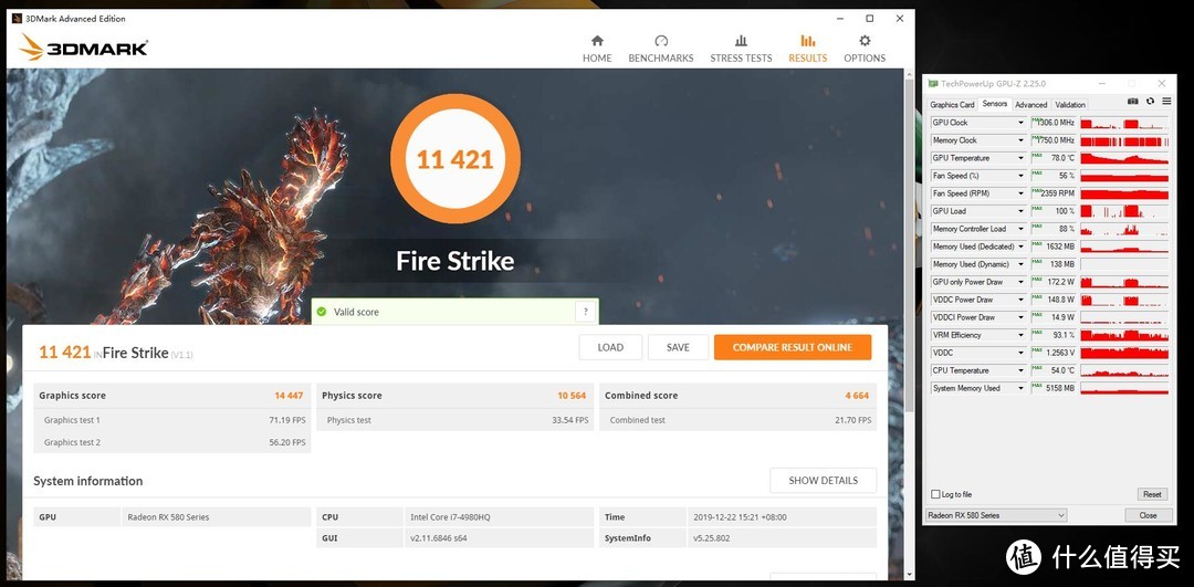 3Dmark Firestrike得分11421，显卡得分14447，显卡最高温度78°C