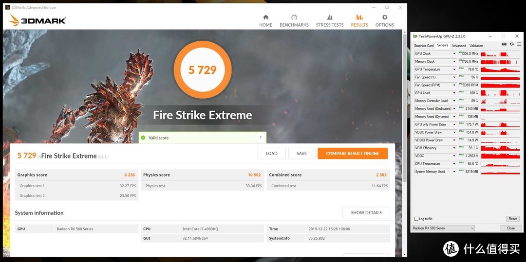 3Dmark FSE得分5729，显卡得分6236，显卡最高温度78°C