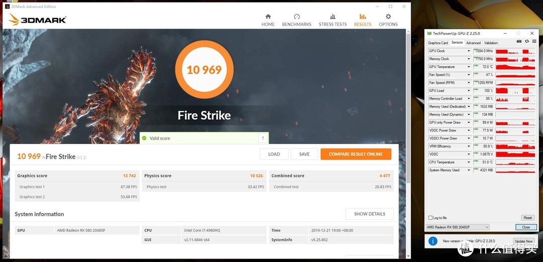 3DMark FireStrike得分10969，其中显卡得分13742，显卡最高温度仅72°C