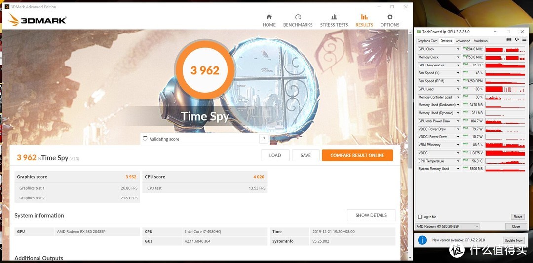 3DMark TimeSpy得分3962，其中显卡得分3952，显卡最高温度仅72°C