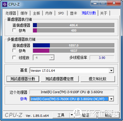 CPU-Z测试中对比i5-7600K小幅胜出