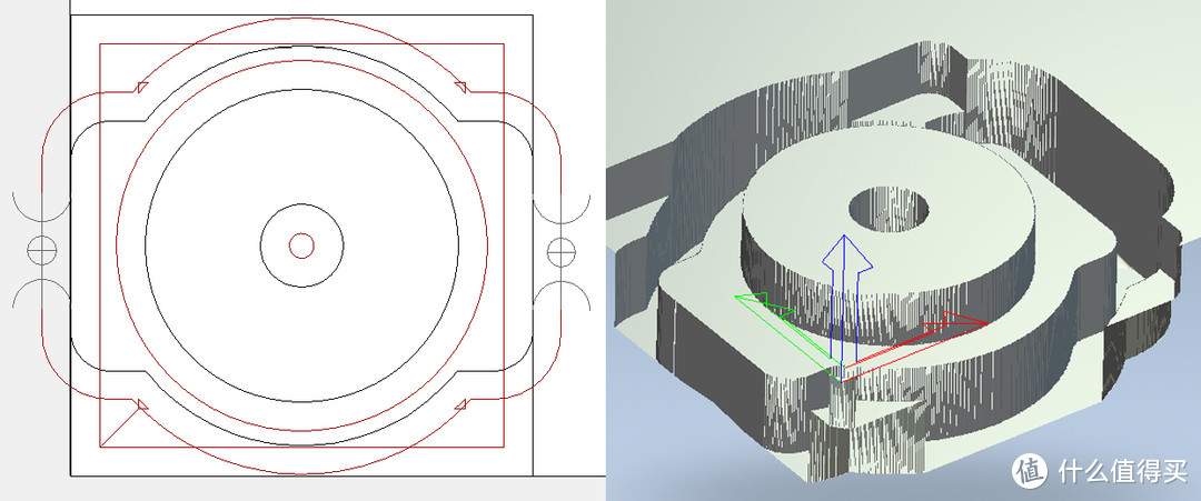 左边是ARTCAM里面做好的刀路，右边是3D效果图