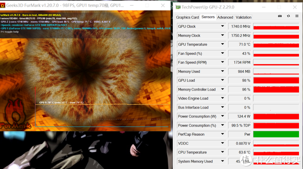 显卡拷机温度： 稳定在71度（20分钟多点拷机）风扇转速：1700RPM 左右。GPU核心频率：1740MHz 左右.功耗124W