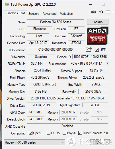 蓝宝石RX580 8GB超白金OC版（高频BIOS）GPU参数一览
