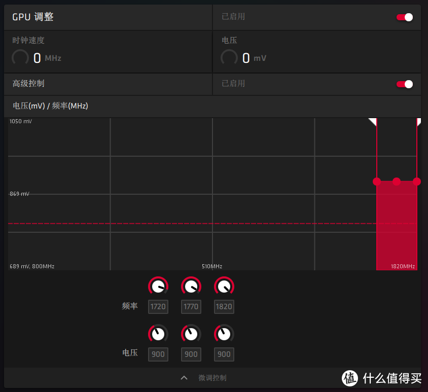 GPU频率拉满（1720-1820MHz），电压设置的到900mV