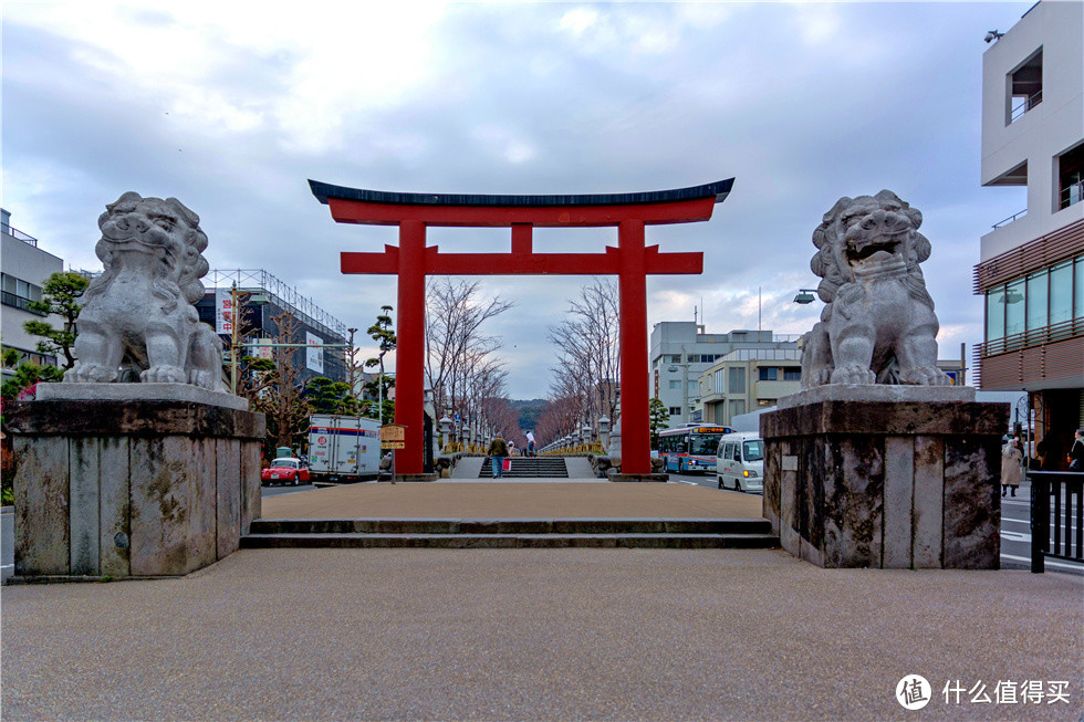 逛完长谷寺，江之电直接到镰仓站。出站走5分钟就到了若宫大路参道，这是第二鸟居，参道很长很长，两旁都有樱花树，