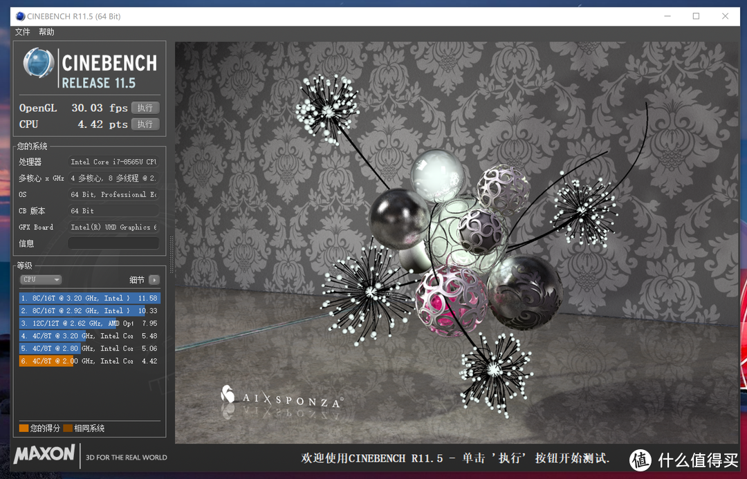 Cinebench R11.5测试分数：OpenGL 30.03fps；CPU 4.42pts