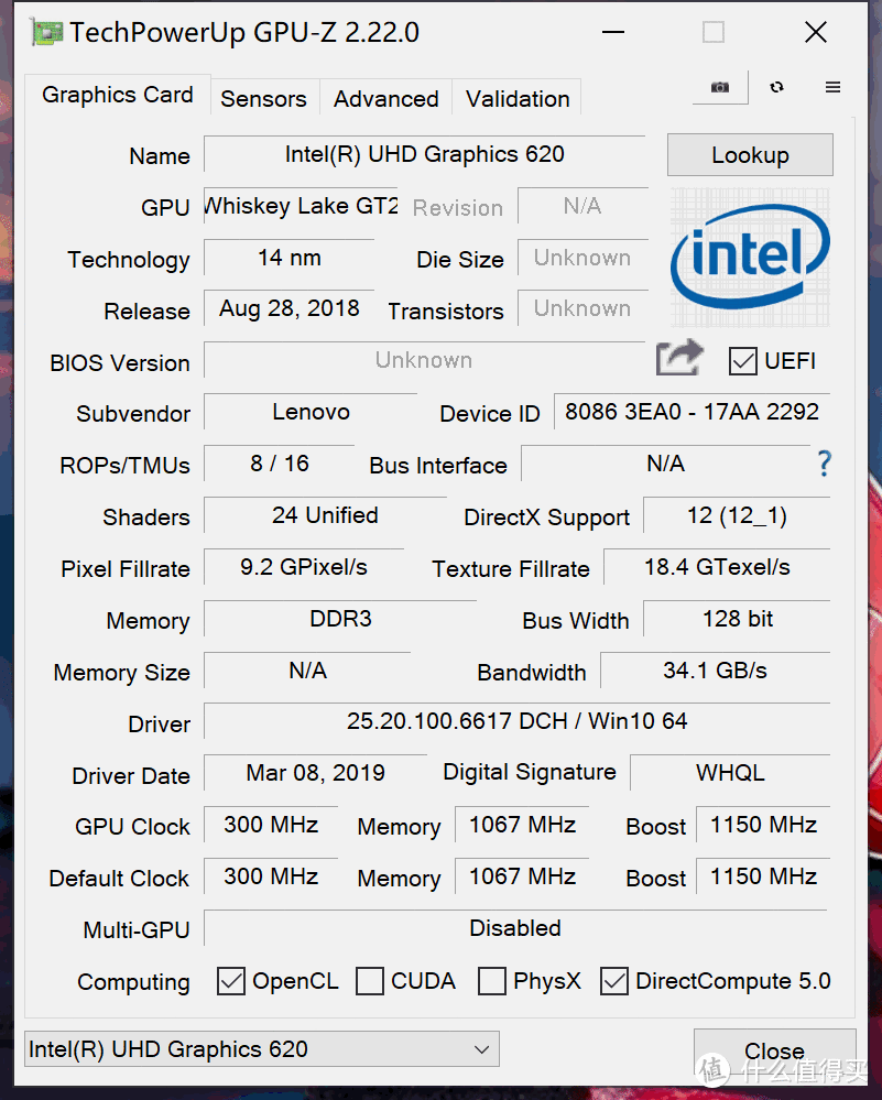 UHD620核显的GPU-Z参数