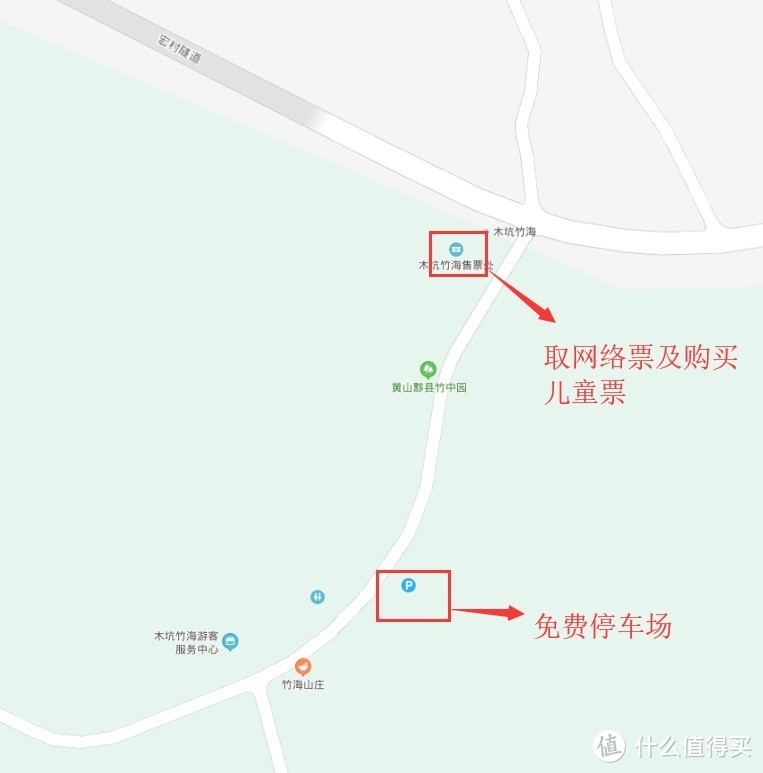 木坑竹海售票处、免费停车场示意