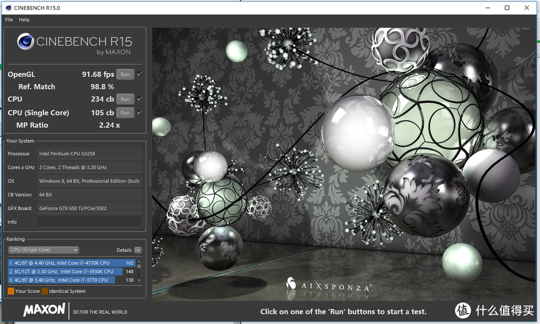 CineBench R15测试成绩：单核105cb；多核234cb