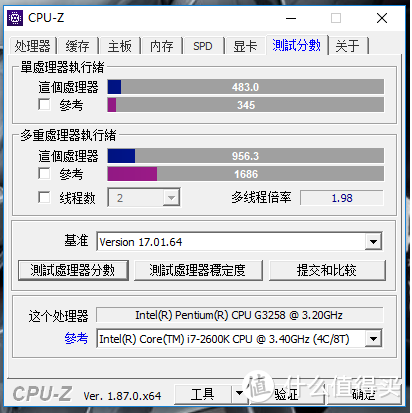 4.5GHz的G3258CPU测试分数：单核483；多核956.3