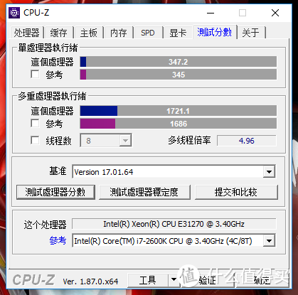 E3-1270CPU测试分数：单核347.2；多核1721.1