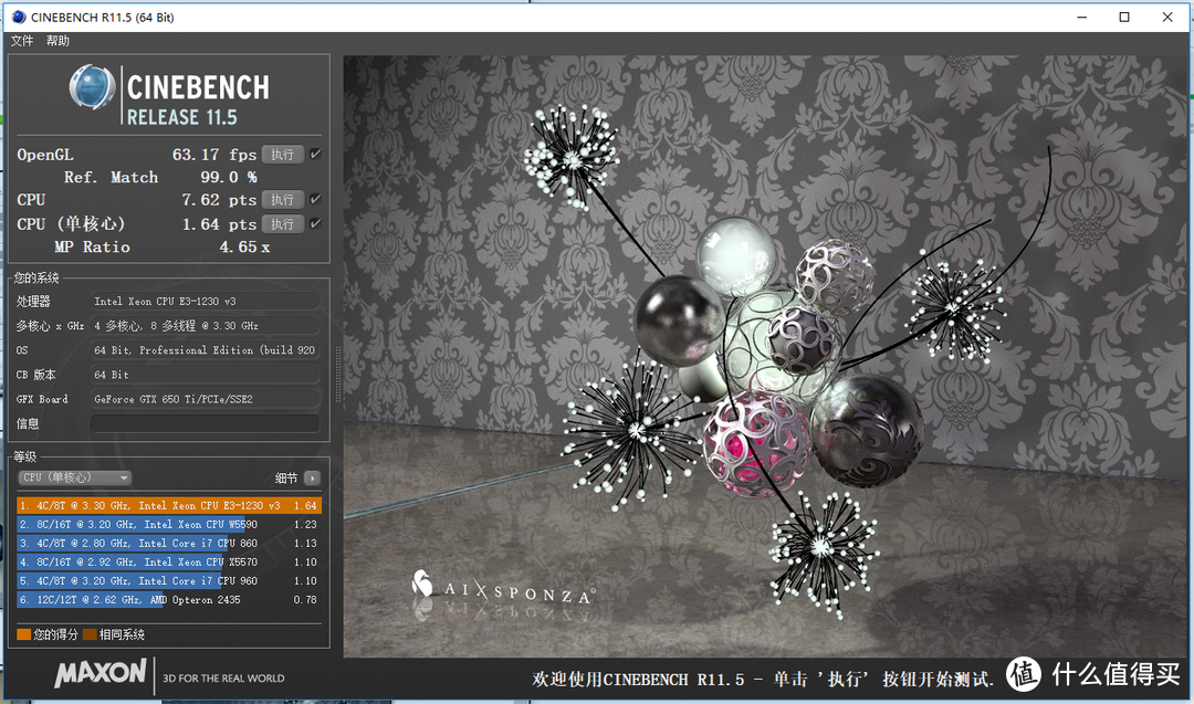 E3-1230V3 CineBench R11.5测试成绩：单核：1.64；多核：7.62