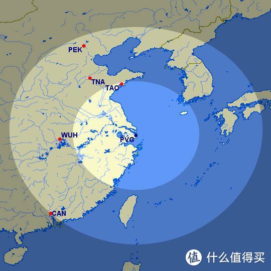 上海浦发600km和1200km范围内几个主要机场位置