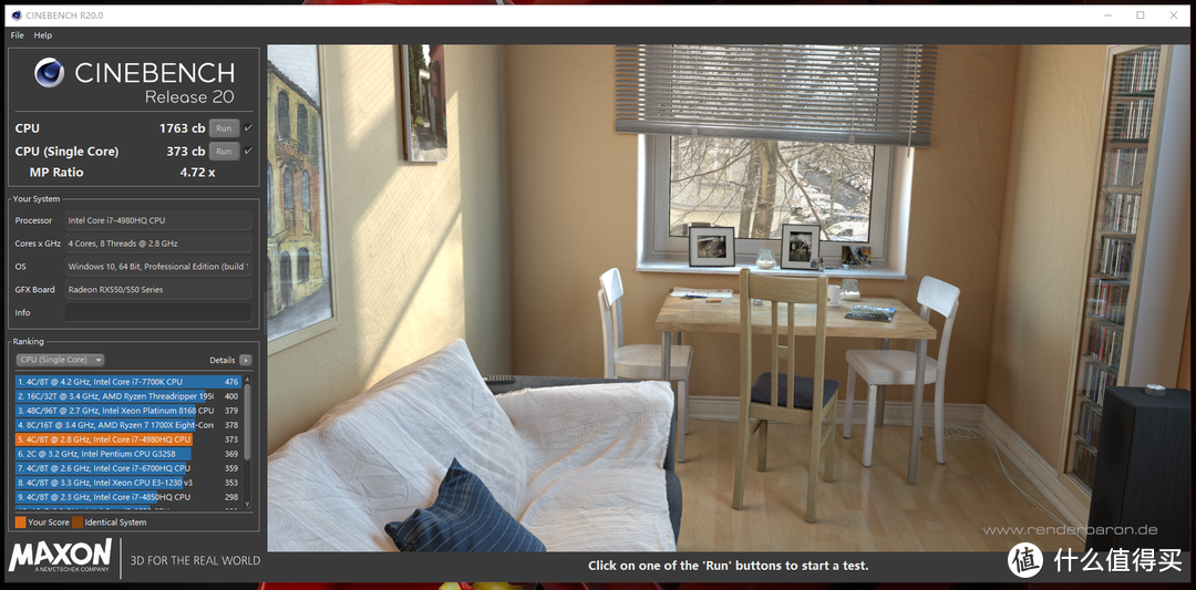 Cinebench R20测试分数：单核：373cb；多核：1763cb