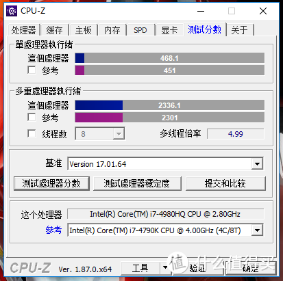 4.2GHz下的i7-4980HQ在CPU-Z测试中完胜一代名君i7-4790K