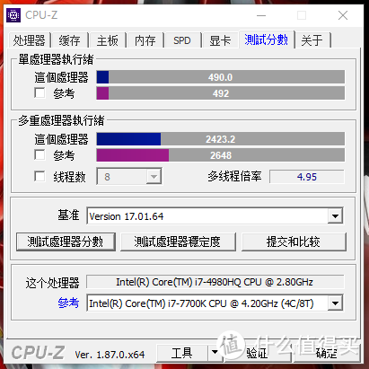 4.4GHz下CPU-Z测试成绩单核490,多核2423.2！