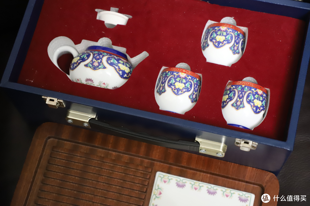 苏氏陶瓷 珐琅彩描金陶瓷茶具配花梨实木茶盘套装