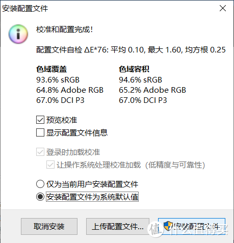 选择安装系统默认值即可，色域覆盖为显示屏色域覆盖srgb标准内的范围，色域容积多出的部分为srgb标准外的颜色。