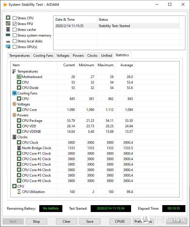 Ryzen 5 3500x（3.9GHz@1.1v）AIDA64 FPU烤机状态