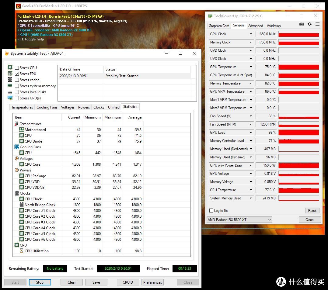 Ryzen 5 3500x  OC 4.3GHz@1.3v AIDA64 FPU+Furmark烤机状态