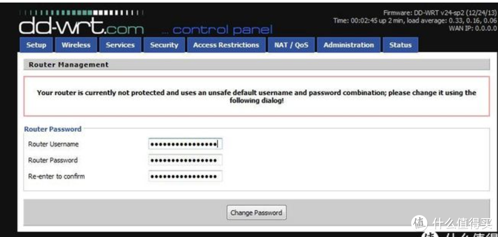 DD-Wrt主界面，要自行设置用户名密码，推荐root和admin