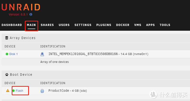 在MAIN选项找到我们的unRAID系统盘点击flash