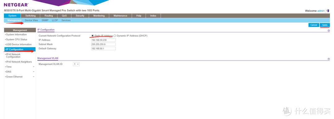 在左边IP Configuration一栏可以修改交换机的IP 本人内网是50网段                 就改成了50.239 修改完成后点击右上角的APPLY保存