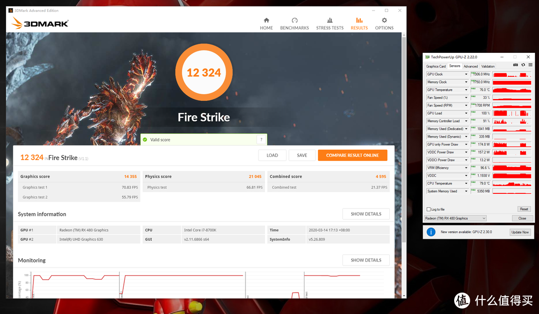 3DMark FireStrike测试：12324分；显卡14355分；显卡温度76°C，最高功耗174.8W