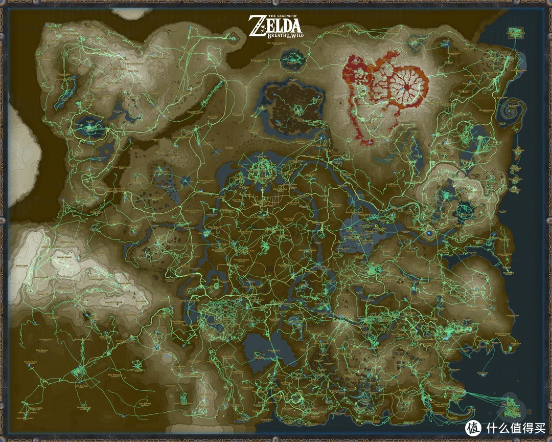 海拉鲁王国地图，上面的不规则绿线是这张图片上传者在游戏中的足迹