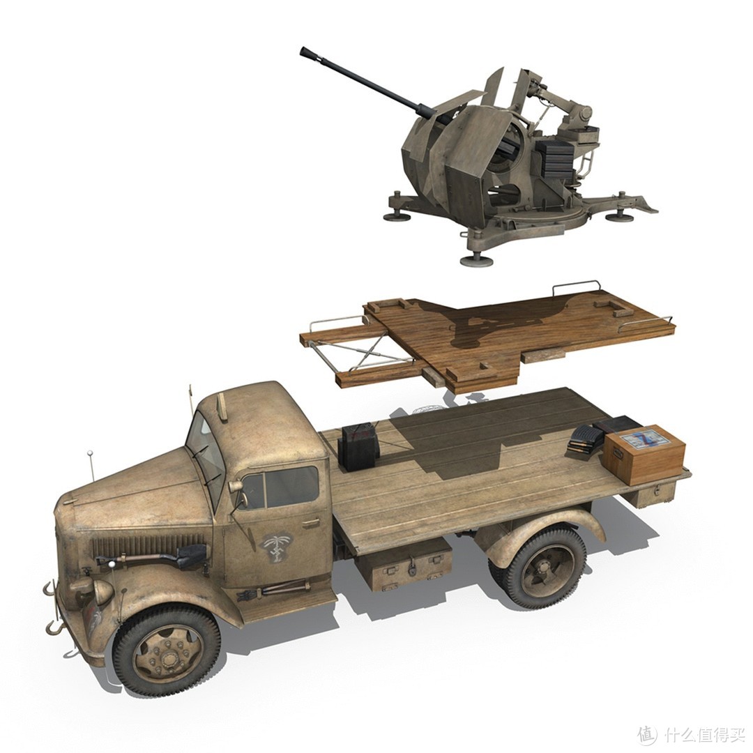 欧宝“闪电”卡车装载20mm Flak 38高射炮示意图
