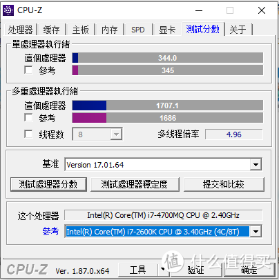 CPU-Z测试性能基本等同于i7-2600K（虽说PL1没得比，但也心满意足）