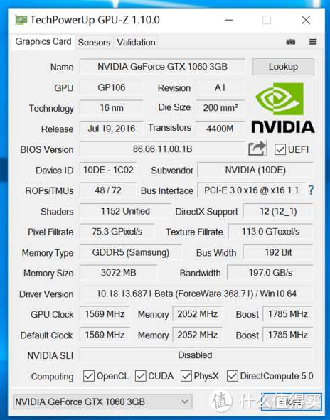 零售版GTX1060 3GB显示卡的标准规格（SP、TMUs差距还是很大的），价格估计少说也要差6~7倍，想到这里顿时又开心了(๑•̀ㅂ•́)و✧