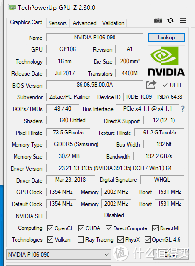 GPU-Z中P106-090的所有参数也都正常