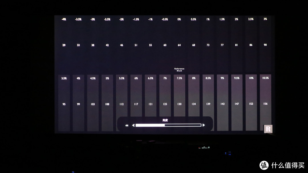 播放Black Clipping视频，我们来调试亮度，你会看到不停闪烁的黑色块，我们盯着64 号黑色色Bar“Reference Black”调整，调整亮度菜单，目标是让64 号色 Bar 和它左面的所有Bar维持全黑，而旁边的 68 号色 Bar 刚好看到闪烁，原理和我们调试SDR的亮度确实是一样的，左边的Bar都是超黑，当你能看到超黑的时候，说明你的0%黑不是真的0%黑