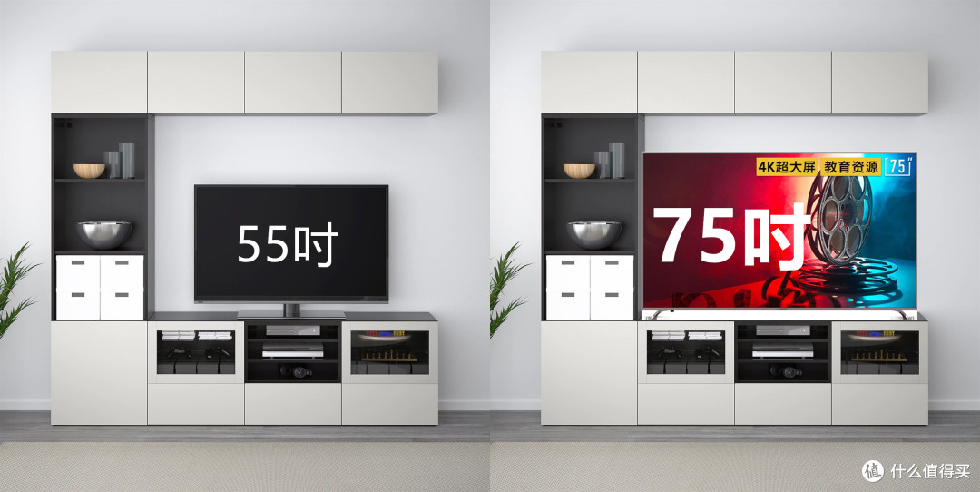 上图为宜家标准电视柜，尺寸可查1.8米，所以参照比例可见55英寸到75英寸的巨幅提升
