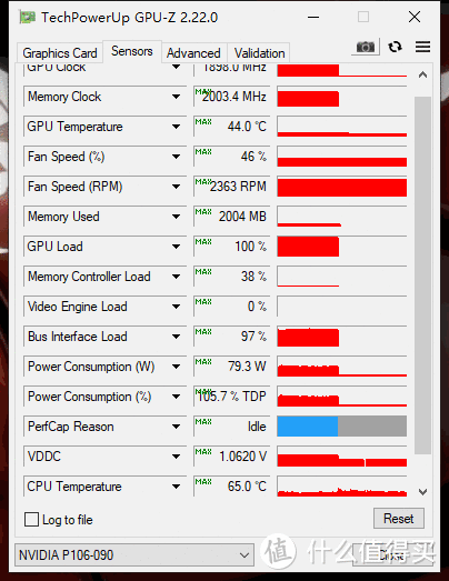 游戏期间显卡监控最高值截图（峰值功耗79.3W，最高温度44°C，很奇怪44°C并未出现在游戏期间，估计是刚才别的测试跑出来的）